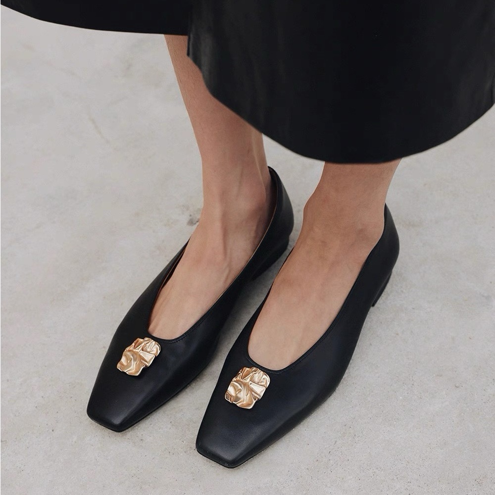 Black Leather Flats with Gold Accent